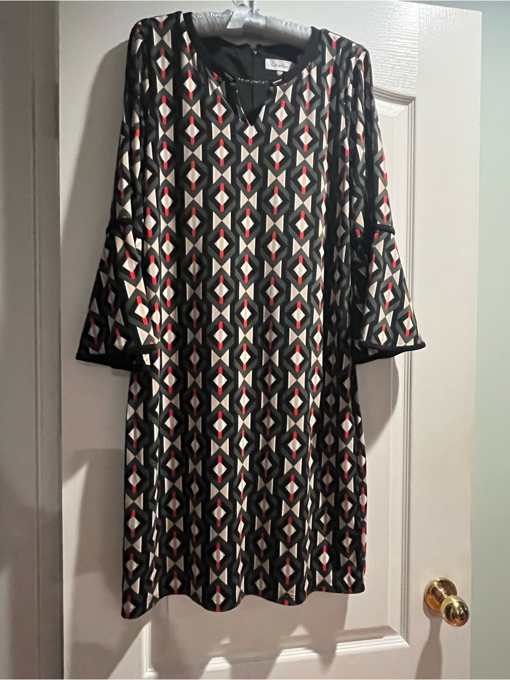Calvin Klein Black Cream and Red Geometric Midi Dress